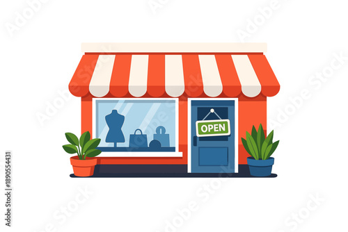 Small shop with red and white awning open for business during the day with two plants outside and a display of mannequins and bags in the window