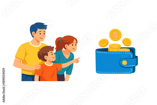 Family looks at wallet with coins during a discussion about saving money at home in the afternoon