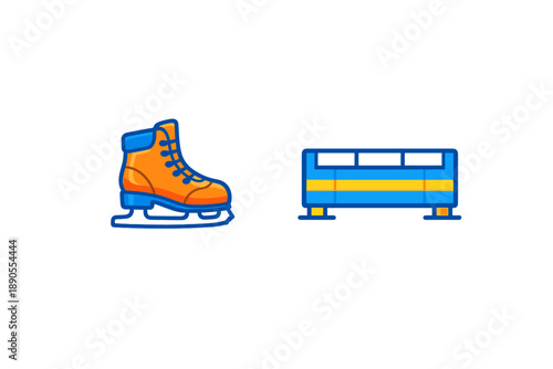 Skate and bench on an ice rink during winter activities, with skates for fun and seating for rest at a local ice skating venue