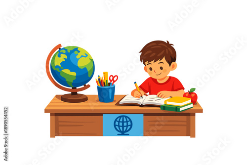 Child writes in notebook at desk with globe and school supplies in morning light, focusing on learning and education while surrounded by books and an apple