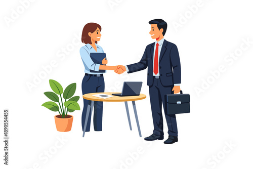 Business meeting between a man and a woman in an office setting with a laptop on the table and a plant nearby taking place during daytime
