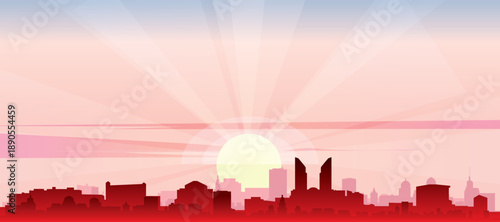 Red panoramic poster of the city skyline with misty background buildings, sunrise, moon and clouds of WINNIPEG, CANADA