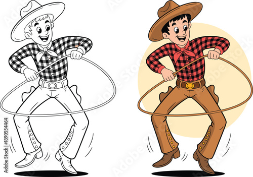 Cartoon cowboy hula hooping in black-and-white and colorful versions, showcasing playful western character design with motion lines and stylized background.