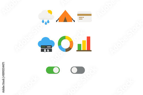 Icons display various concepts related to outdoor activities, finance, data storage, and analytics in a simple and colorful manner on a white background