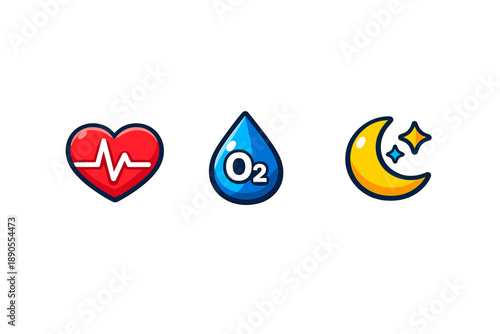 Icons show heart rate, oxygen, and moonlight highlighting health, wellness, and sleep