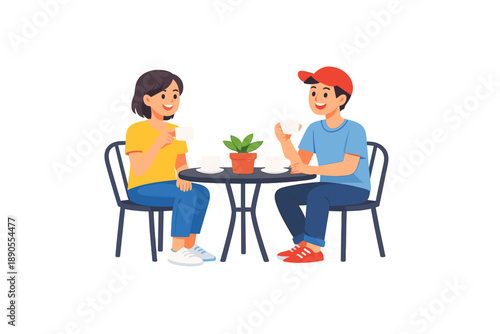 Two people enjoy hot drinks at a small table with a plant in the center outdoors during the day