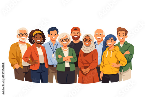 Group of diverse people standing together in a casual setting showing a variety of ages and backgrounds in a friendly pose with smiles on their faces