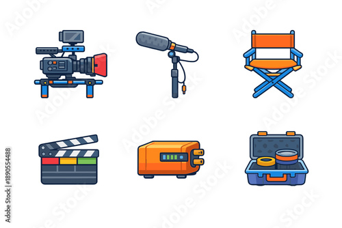 Items used in film production such as a camera, microphone, director's chair, and clapperboard are present on a white background. These are essential tools for recording and creating movies