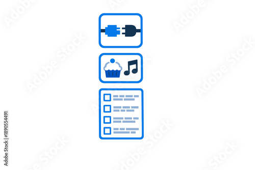 Diagram shows connection, cupcake, music notes, and checklist in blue outlines in a simple layout, representing different categories of information or tasks