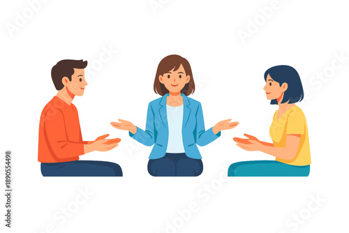 Discussion between three people in an informal meeting setting while sitting on the floor and sharing ideas during daytime in a casual environment