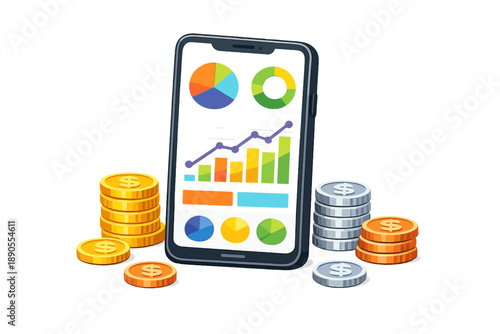 Graph showing data on phone alongside stacks of coins and money representing financial growth and analysis in a business setting