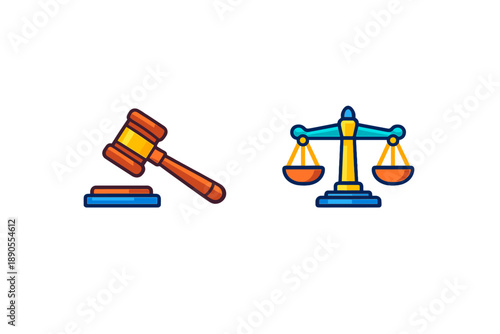 Legal symbols show a gavel and scales of justice used in court proceedings and law practices in a clear and simple design