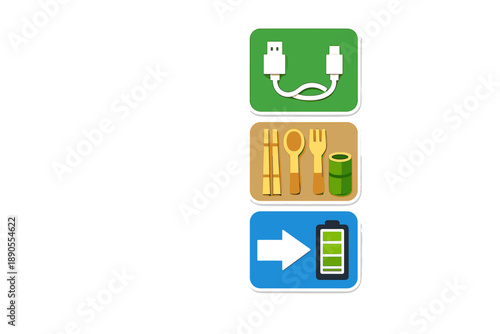 USB cable, kitchen supplies, and battery charging symbols in clear layout showcasing daily life needs in a modern setting