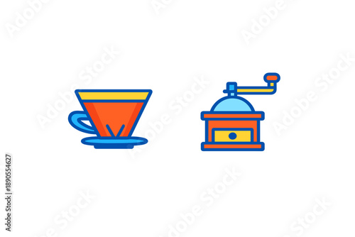 Coffee cup and coffee grinder show a simple scene of making coffee in a kitchen at morning time with bright colors that attract the eye and invite enjoyment