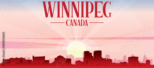 Red panoramic poster of the city skyline with misty background buildings, sunrise, moon and clouds of WINNIPEG, CANADA