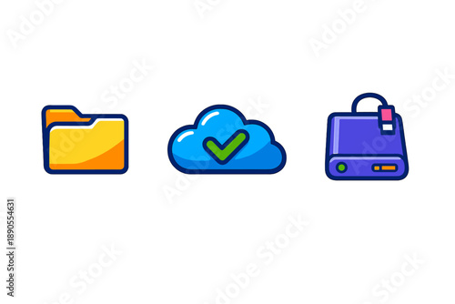 Three icons represent file management, cloud storage, and external hard drive connection for data organization and access