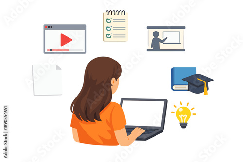 Student engages in online learning while sitting at a desk with a laptop and study materials in a home environment during the day