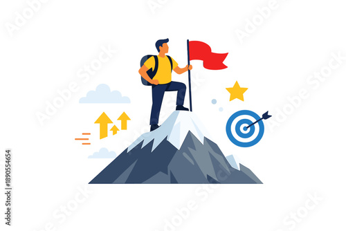 Person stands on a mountain top holding a red flag after reaching a goal while a target and clouds are visible in the background during the daytime