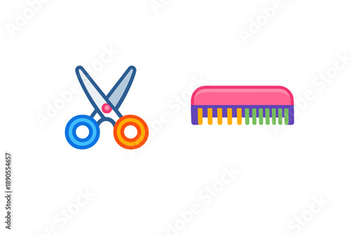 Tools for cutting and styling hair are shown together on a white background highlighting their colors and shapes