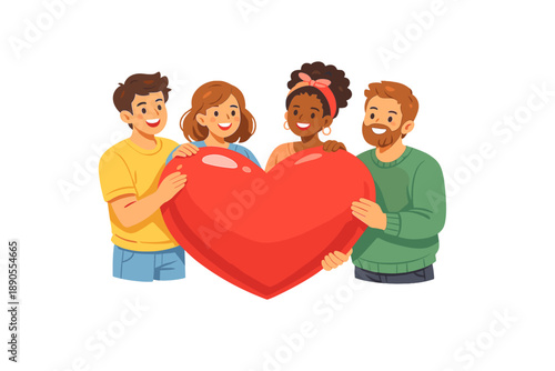 Group of friends holding a large red heart in a cheerful gathering showcasing love and friendship at a party or celebration