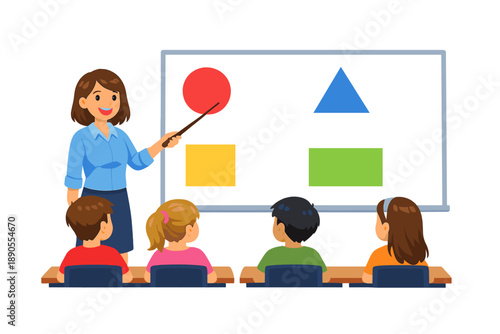 Teacher shows shapes to students in classroom with children seated at desks during a learning activity in a school setting