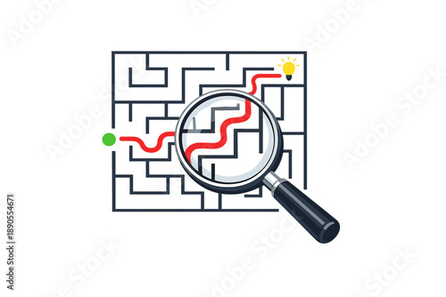 Finding a way through a maze using a magnifying glass and following a red path