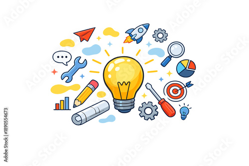 Bright light bulb surrounded by tools, graphs, and objects representing creativity and innovation in a workspace with a themed design