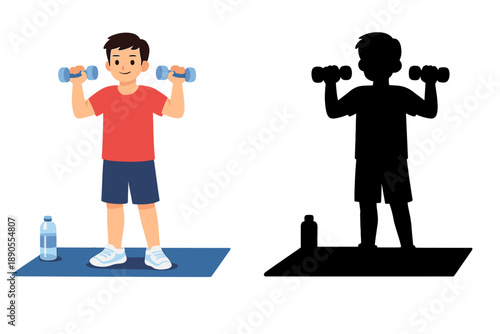 Boy is working out with dumbbells while standing on a mat in a bright space, showing effort and focus during exercise routine in the afternoon