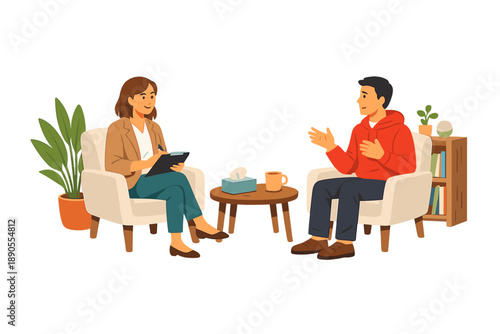 Two people engage in conversation during a counseling session in a modern office setting on a bright day
