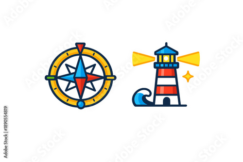 Bright symbols of navigation and guidance are seen with a compass on the left and a lighthouse on the right, both set against a clean white background during the day