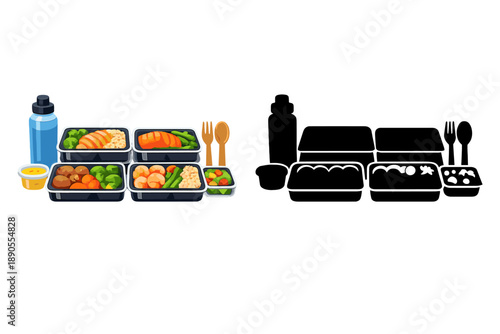 Healthy meal prep containers with various dishes and a drink on display for lunch or dinner at a kitchen table