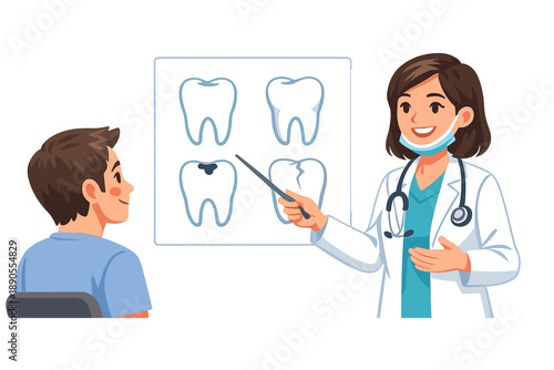 Dentist shows patient dental chart with tooth images and explains oral health in clinic setting during daytime