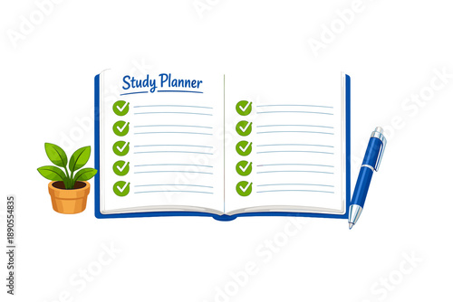 Study planner open on a table with check marks and a small plant nearby during a study session