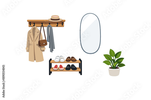Coat rack with clothes, shoes, a mirror, and a potted plant in a modern entryway during daytime
