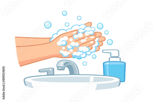 Washing hands at a sink with soap and bubbles in a bathroom setting during daytime to promote hygiene and cleanliness