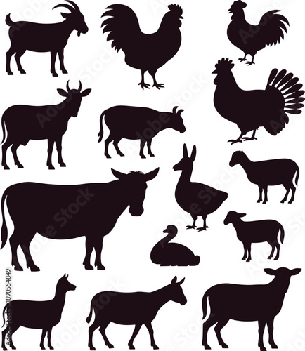 Farm animal silhouette collection featuring cows, goats, sheep, chickens, roosters, ducks and livestock shapes, solid black vector style ideal for agriculture and design use
