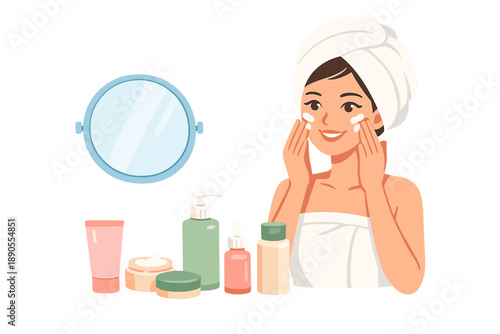 Woman applying skincare products in a bathroom with a mirror and various beauty items present during a morning routine