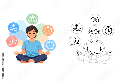 Focus on breathing and relaxation during meditation session at home in a calm environment with colorful visual aids showing lung activities