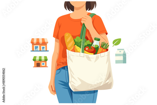 Shopping for groceries in a local market with reusable bag filled with fresh food and drinks at midday