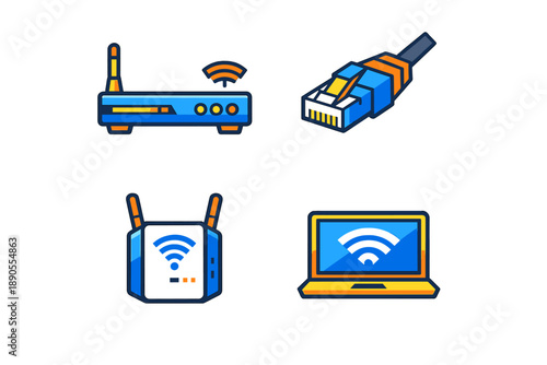 Collection of network equipment showing router, Ethernet cable, wireless access point and laptop with WiFi symbol on a white background