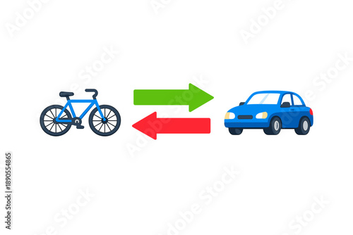 Bicycle and car exchange symbols showing transportation options for commuting, city travel, and daily activities