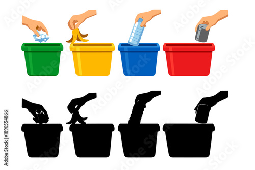 Instructions for sorting waste in different bins at a recycling station during the day in a public area
