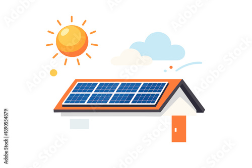 Solar panels on a house roof with sun and clouds in a sunny environment during daytime hours