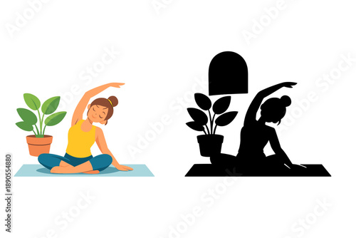 Young woman practices yoga in a room with plants during the afternoon while sitting on a mat and stretching her body to one side