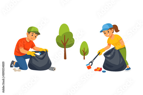 Children pick up trash in a park while wearing gloves and enjoying the outdoors on a sunny day
