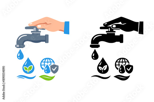 Hand turning faucet shown with water drops and icons representing nature and protection, set against simple backgrounds
