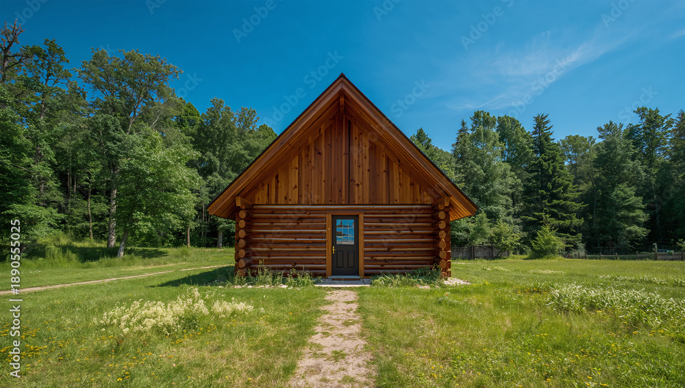 Obraz premium 真夏の高原で青空と緑に囲まれ山小屋が凛と佇む昼
