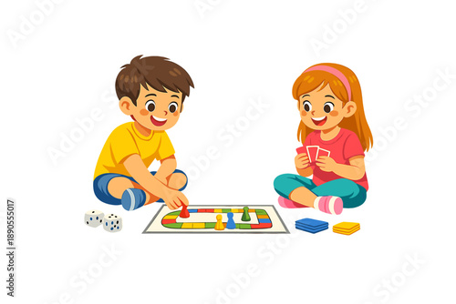 Children enjoy playing a board game on a flat surface while using cards and dice to keep track of their moves and score with smiles on their faces