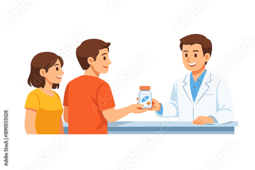 People at a pharmacy receiving a bottle of medicine from a pharmacist during a daytime visit in a city
