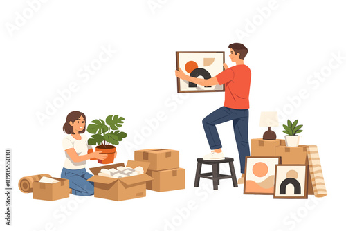 Couple unpacking boxes and arranging home decor in their new apartment on a weekend afternoon